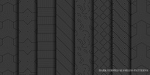 Collection Of Vector Seamless Abstract Geometric Patterns - Dark Gray Striped Texture. Endless Fabric Backgrounds.