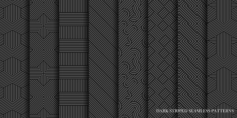 Wall Mural - Collection of vector seamless abstract geometric patterns - dark gray striped texture. Endless fabric backgrounds.
