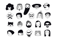 Hand Drawn Set Of People Faces. Perfect For Social Media, Websites, Avatars. Portraits Of Various Men And Women. Trendy Black And White Icons Collection. Vector Illustration. All Elements Are Isolated
