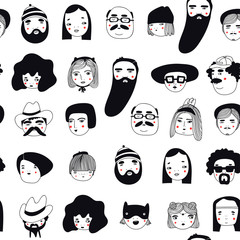 Wall Mural - Hand drawn doodle set of people faces. Portraits of various men and women. Trendy black and white icons collection. Vector seamless pattern. Perfect for textile prints, wallpapers