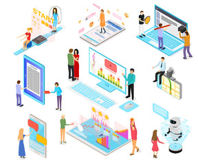 Poster - People and App Interfaces Concept 3d Isometric View. Vector