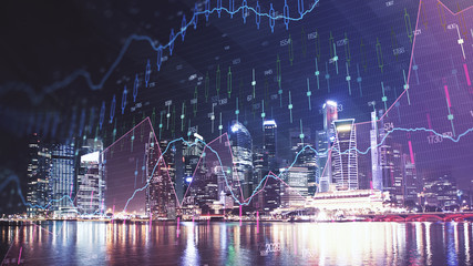 Aufkleber - Trading graph on the cityscape at night background. Business and financial concept. Double exposure. Singapore
