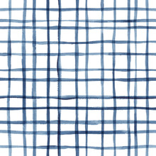 Hand Painted Indigo Grid Background. Seamless Watercolor Pattern