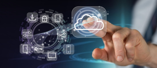 Man touching a cloud computing concept