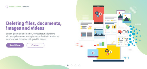  Deleting files, documents, images and videos. Laptop, computer and mobile phone deleting files and documents. Template in flat design for web banner or infographic in vector illustration.