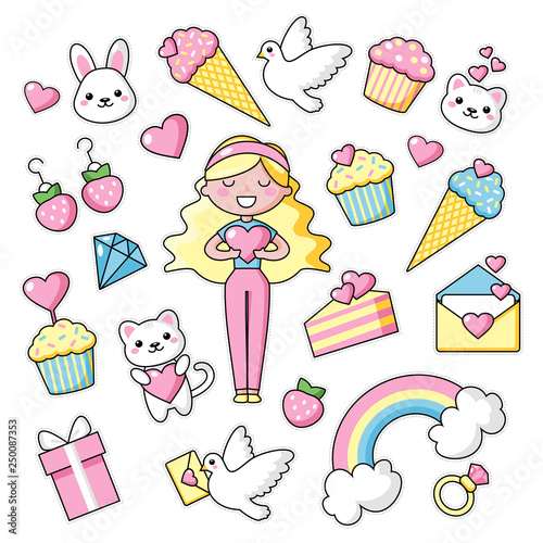 Plakaty do pokoju dziewczynki set-of-cute-kawaii-objects-girl-with-long-blond-hair-bunny-and-hearts-love-rainbow-happy-colors-beautiful-vector-illustration-for-greeting-card-poster-sticker