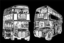 Graphical Set Of Double Decker Buses Isolated On Black Background,vector Sketch ,London Transport