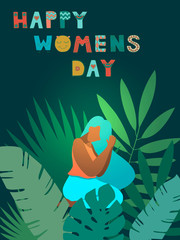 Wall Mural - Happy womens day, vector card with hand drawn lettering, flat design