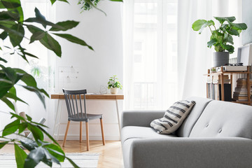 modern scandinavian living room with design furniture, grey sofa, plants, bamboo bookstand and woode