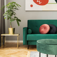 Luxury Home Interior With Green Velvet Design Sofa, Pillows, Tropical Plant On The Gold Coffee Table And Accessories. . Grey Walls And Brown Wooden Parquet. Modern Concept Of Living Room.