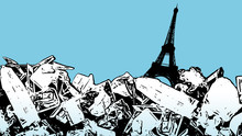 Illustration Of A Garbage Mountain In Paris. Waste In Modern Society. Plastic Waste In Pop Art With Eiffel Tower