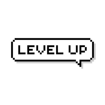 Pixel speech bubble level up - isolated vector illustration