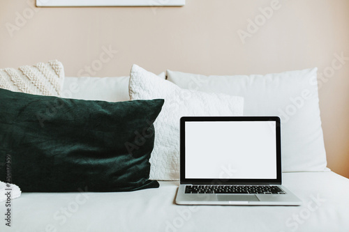 Bright Home Office Desk Workspace With Mock Up Screen Copy Space