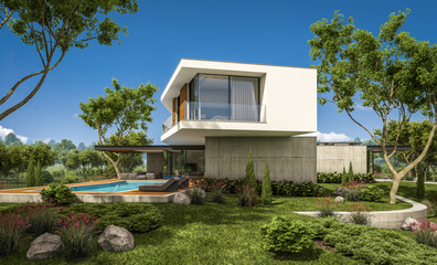 Wall Mural - 3d rendering of modern cozy house on the hill with garage and pool for sale or rent with beautiful landscaping on background. Clear sunny summer day with blue sky.