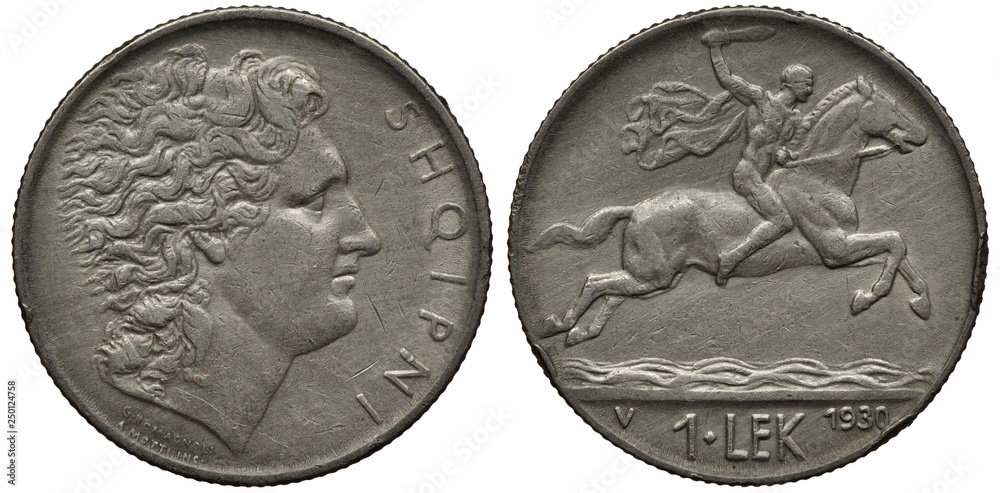Albania Albanian coin 1 one lek 1930, head right, caped man on horse ...