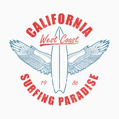Wall Mural - California slogan t-shirt with surfboard and wings. Typography graphics for surfing tee shirt. Vector illustration.