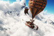 Fantasy concept of a steam powered balloon craft airship sailing through a sea of clouds with snow cap mountains in background. 3d rendering illustration 