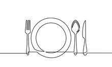 Continuous One Line Drawing.Forks, Spoons, Knife Plates And All Eating And Cooking Utensils, Can Be Used For Restaurant Logos, Cakes, Business Cards, Banners And Others. Black And White Vector Illustr