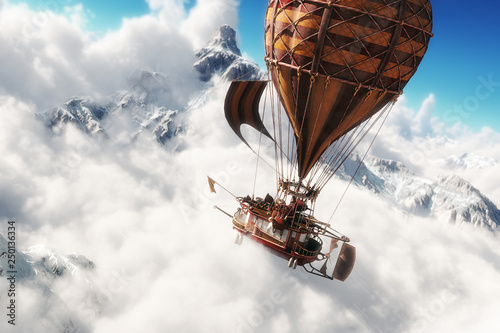Fotomural Fantasy concept of a steam powered balloon craft airship sailing through a sea of clouds with snow cap mountains in background