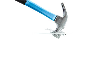 Poster - A hammer falling into the water. Hammering the water with a hammer and a great splash of water. The concept of failure, the impossibility of reaching an agreement. Construction renovation.