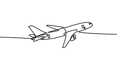 Poster - Continuous one line drawing. airplanes on the clouds. Black and white background vector illustration. - Vector