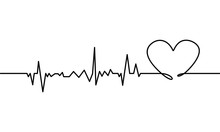 Continuous Line Drawing Of Heart With Heartbeat On Black And White Background. Vector