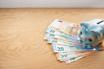 piggy bank on top of  euro banknotes.