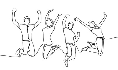 continuous line drawing of jumping happy team members. happiness, freedom, motion and people concept. smiling young friends. jumping in air. vector