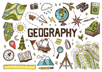 set of geography symbols. equipments for web banners. vintage outline sketch for web banners. doodle