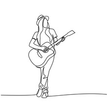 Continuous Line Drawing Of Young Woman Playing Guitar. Vector