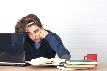 Poster - tired and bored student with computer and books