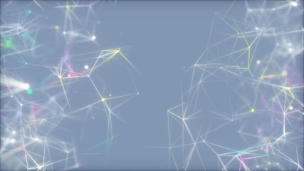 Poster - Rotating multi-colored threads on a blue background.3d rendered abstract plexus shapes. Connection and web concept. Digital, communication and technology background with lines and dots. Loopable