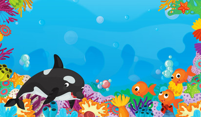 Wall Mural - cartoon scene with coral reef with happy and cute fish swimming with frame space text killer whale - illustration for children