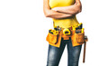 Handywoman with folded arms and tool belt isolated on white background.