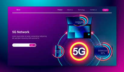 Poster - 5g internet communication connect smartphone, computer notebook and tablet device. 5g flat logo desi