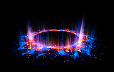 Wall Mural - Abstract background. Motion swirl. Glowing circle. Bright spiral. Glow podium. Empty Scene. Space tunnel. Light ellipse. Glint galaxy. Oval stage. Led studio. Lens flare. Glare ring. Show disc.