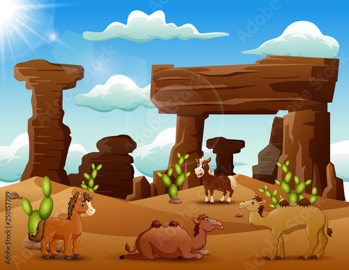 Cartoon Horse And Camels Enjoying On The Desert Stock Vector Adobe Stock
