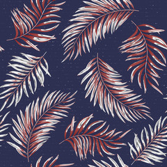 Wall Mural - Seamless pattern of a tropical palm tree, jungle leaves. Vector floral pattern. Blue.