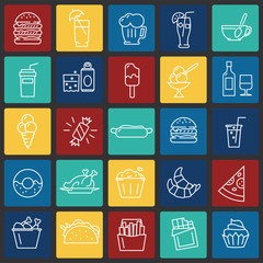 Poster - Fastfood outline icons set on color squares background for graphic and web design, Modern simple vector sign. Internet concept. Trendy symbol for website design web button or mobile app