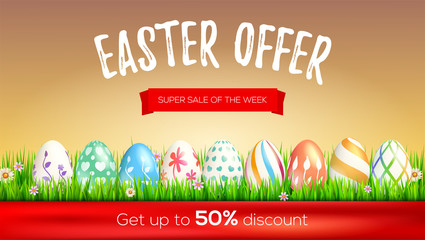 Poster - Easter sale, limited offer. Get up to 50 percent discount. Design of promotional text on red ribbons. Set of hand-painting Easter eggs in green spring grass. Festive discount actions