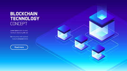 blockchain technology concept, internet connection, futuristic server room, isometric vector illustr