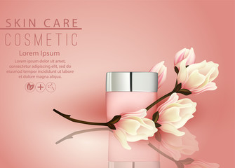 Wall Mural - beautiful vector illustration, realistic mocap, template, cosmetic cream packaging, 3d bottle. around beautiful magnolia flowers. stock illustration.