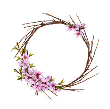 Round Wreath From Dry Twigs With Spring Branches Of Peach Flowers And Leaves
