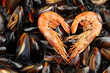 Shrimp in the shape of a heart on the background of mussels