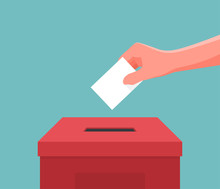 Hand Putting Paper Ballot In The Box. Vector Illustration