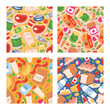 © Vectorvstocker - Food vector seamless pattern meal vegetables fruits and fish sausages from supermarket or grocery illustration backdrop set of pastry and milk or seafood products background