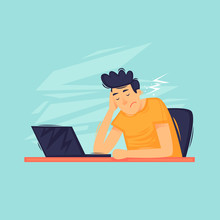Sad Man Sitting Near The Laptop, Depression, Apathy. Flat Design Vector Illustration.