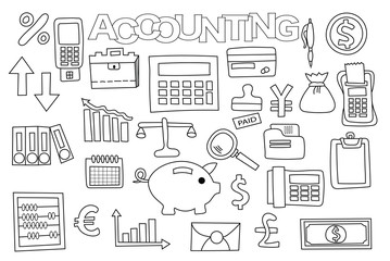 Accounting and management set of icons and objects. Hand drawn doodle business design concept. Black and white outline coloring page game. Monochrome line art. Vector illustration.