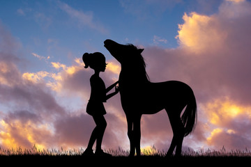 Poster - little girl and horse at sunset