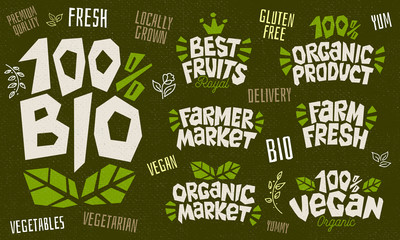 Sketch style food product lettering icons set. For badges, labels, logo, farm, farmers market, fresh food, country fair, shop, vegan, vegetarian, cafe, organic, bio, green, food studio. Hand drawn